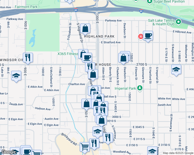 map of restaurants, bars, coffee shops, grocery stores, and more near 1840 South 1300 East in Salt Lake City