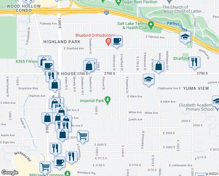 map of restaurants, bars, coffee shops, grocery stores, and more near 2770 Glenmare Street in Salt Lake City