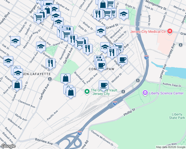 map of restaurants, bars, coffee shops, grocery stores, and more near in Jersey City
