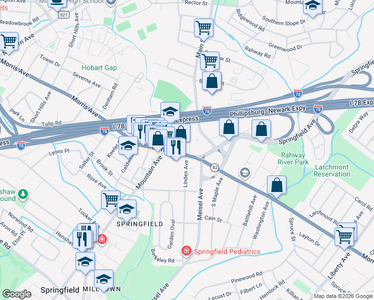 map of restaurants, bars, coffee shops, grocery stores, and more near 20 Black's Lane in Springfield