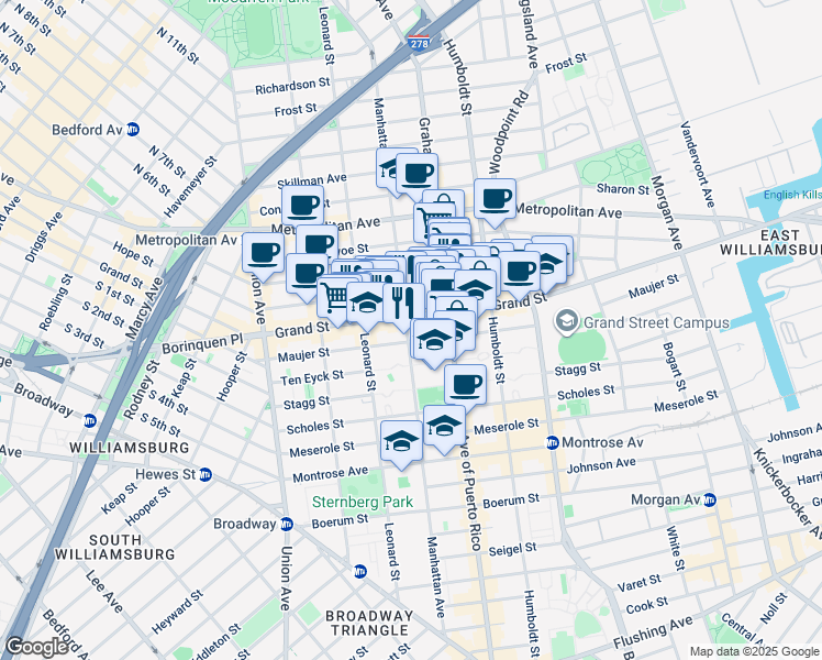 map of restaurants, bars, coffee shops, grocery stores, and more near 672 Grand Street in Brooklyn