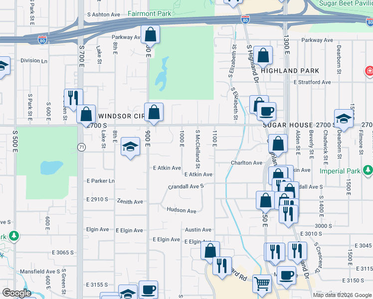 map of restaurants, bars, coffee shops, grocery stores, and more near 2747 South 1000 East in Salt Lake City