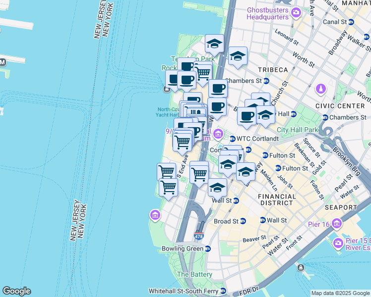 map of restaurants, bars, coffee shops, grocery stores, and more near 345 South End Avenue in New York