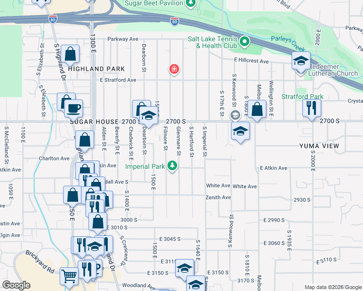 map of restaurants, bars, coffee shops, grocery stores, and more near 2752 Glenmare Street in Salt Lake City