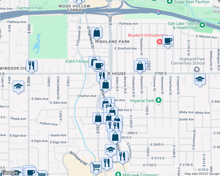 map of restaurants, bars, coffee shops, grocery stores, and more near 1305 Claybourne Avenue South in Salt Lake City