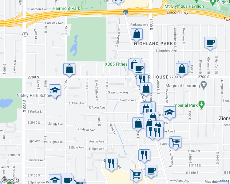 map of restaurants, bars, coffee shops, grocery stores, and more near 1150 East 2700 South in Salt Lake City