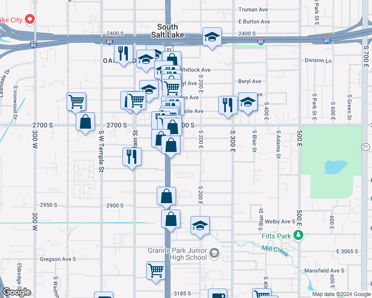 map of restaurants, bars, coffee shops, grocery stores, and more near 158 Southgate Avenue in South Salt Lake