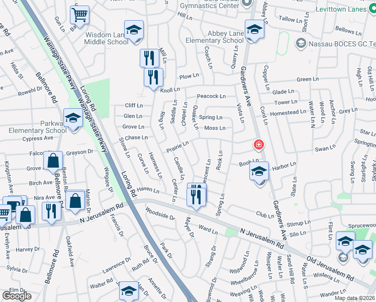 map of restaurants, bars, coffee shops, grocery stores, and more near 32 Prairie Lane in Levittown