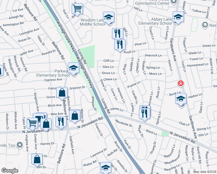 map of restaurants, bars, coffee shops, grocery stores, and more near 11 Curve Lane in Levittown