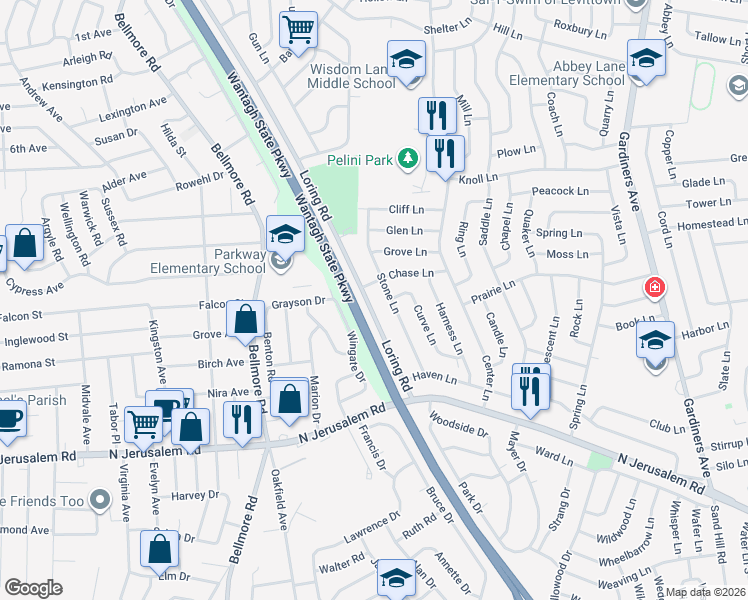 map of restaurants, bars, coffee shops, grocery stores, and more near 46 Stone Lane in Levittown