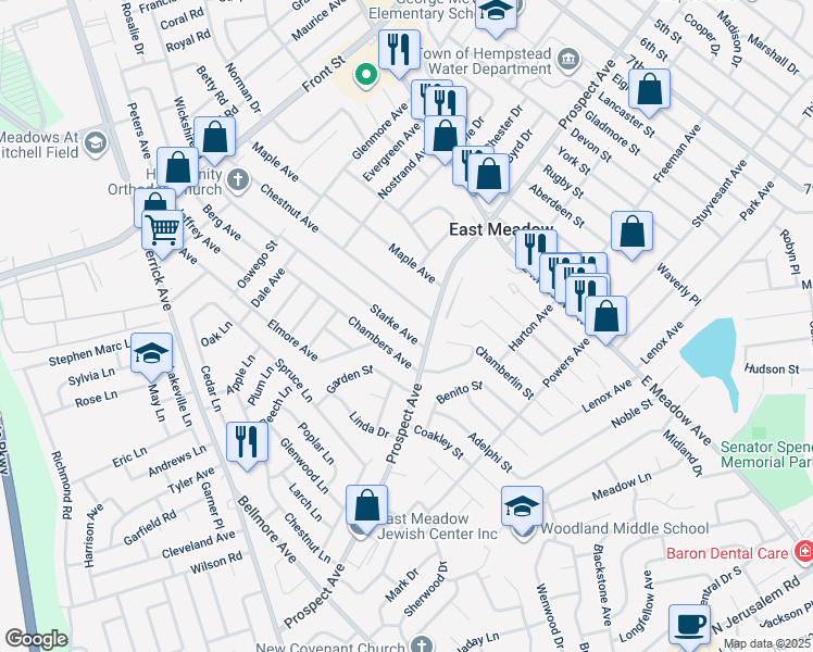 map of restaurants, bars, coffee shops, grocery stores, and more near 382 Chestnut Avenue in East Meadow