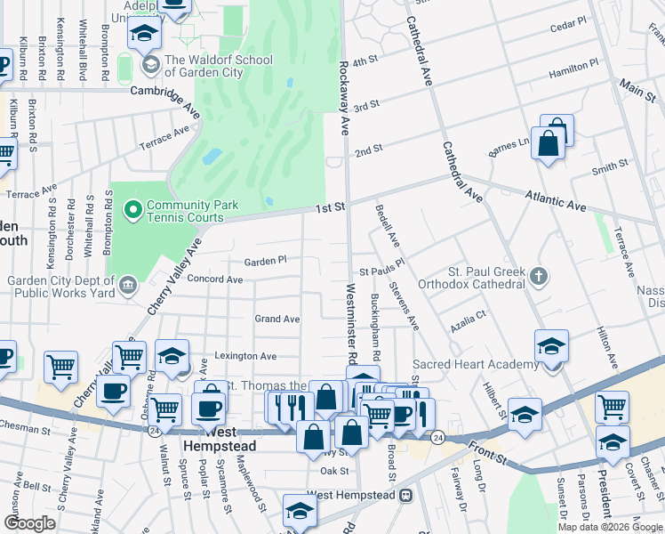 map of restaurants, bars, coffee shops, grocery stores, and more near 215 Westminster Road in West Hempstead