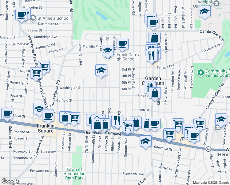 map of restaurants, bars, coffee shops, grocery stores, and more near 715 Washington Street in Franklin Square