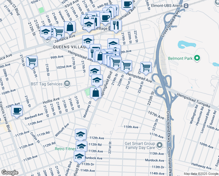 map of restaurants, bars, coffee shops, grocery stores, and more near 219-04 104th Avenue in Queens