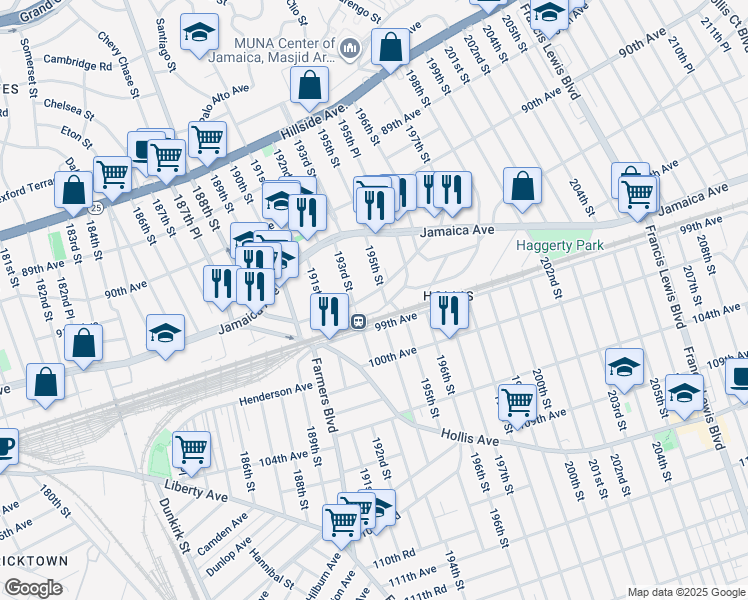 map of restaurants, bars, coffee shops, grocery stores, and more near 91-56 195th Street in Queens