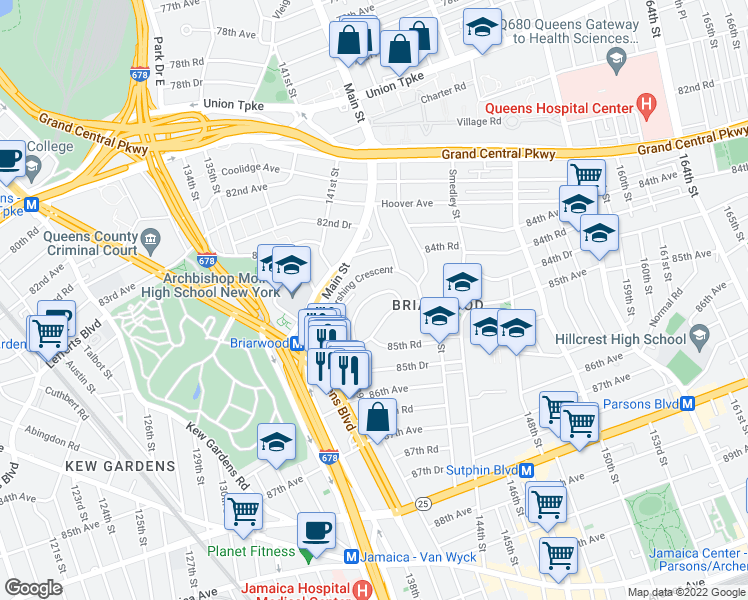 map of restaurants, bars, coffee shops, grocery stores, and more near 140-69 Burden Crescent in Queens