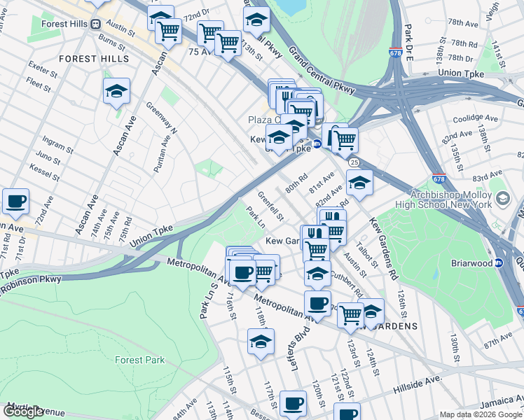 map of restaurants, bars, coffee shops, grocery stores, and more near 80-32 Grenfell Street in Queens