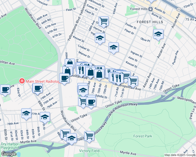 map of restaurants, bars, coffee shops, grocery stores, and more near 89-24 69th Road in Queens