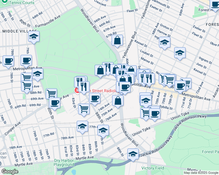 map of restaurants, bars, coffee shops, grocery stores, and more near 89-34 Aubrey Avenue in Queens