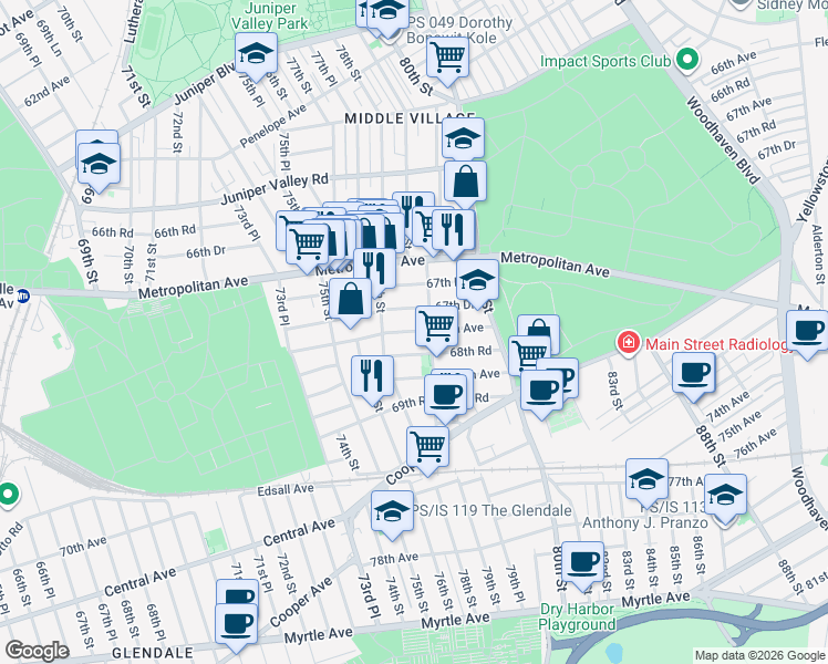 map of restaurants, bars, coffee shops, grocery stores, and more near 67-56 79th Street in Queens