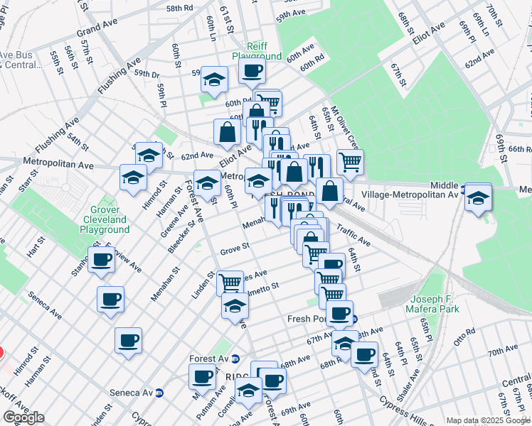 map of restaurants, bars, coffee shops, grocery stores, and more near 63-10 Fresh Pond Road in Queens