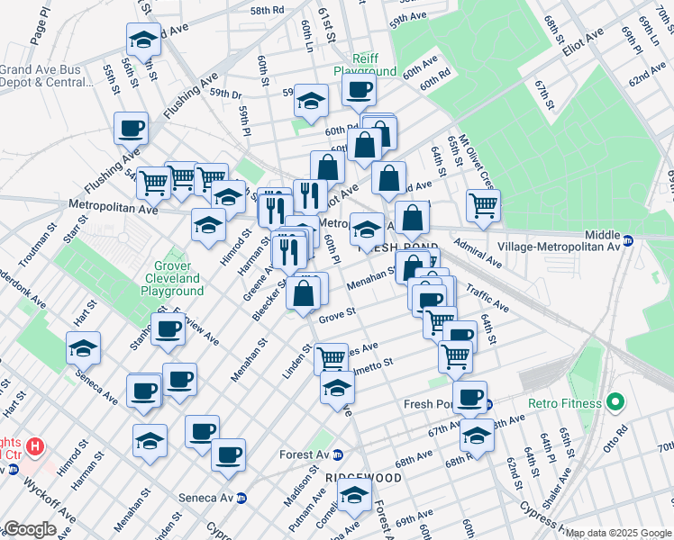 map of restaurants, bars, coffee shops, grocery stores, and more near 62-78 60th Place in Queens