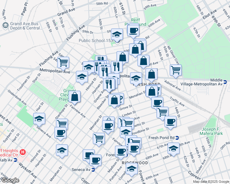 map of restaurants, bars, coffee shops, grocery stores, and more near 62-71 Forest Avenue in Queens