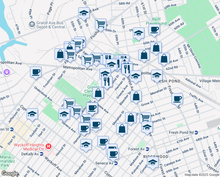 map of restaurants, bars, coffee shops, grocery stores, and more near 21-46 Himrod Street in Queens