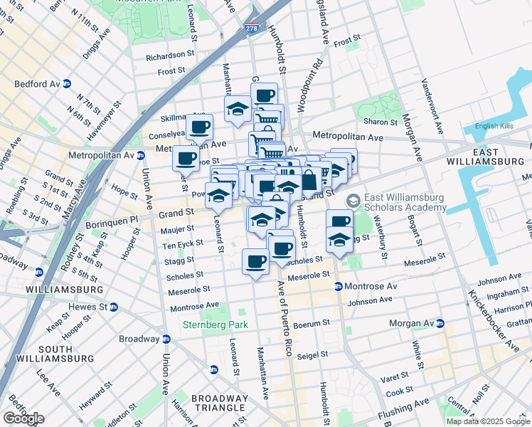 map of restaurants, bars, coffee shops, grocery stores, and more near 702 Grand Street in Brooklyn