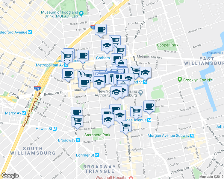 map of restaurants, bars, coffee shops, grocery stores, and more near 672 Grand Street in Brooklyn