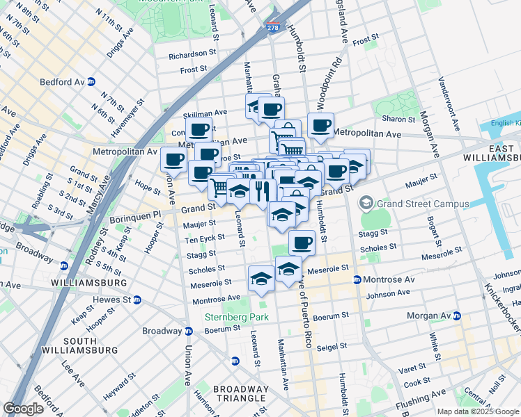map of restaurants, bars, coffee shops, grocery stores, and more near 672 Grand Street in Brooklyn