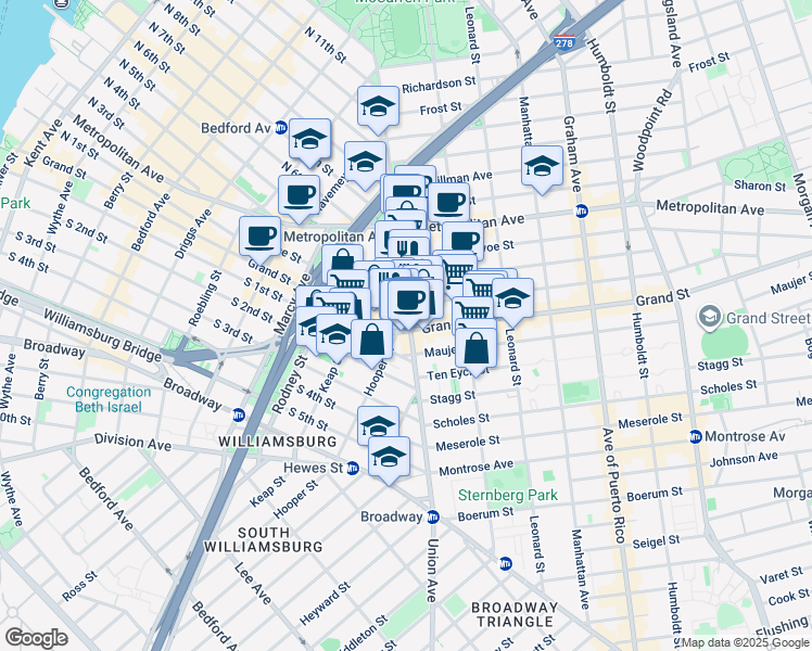 map of restaurants, bars, coffee shops, grocery stores, and more near 184 Hope Street in Brooklyn