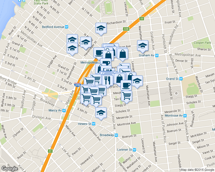 map of restaurants, bars, coffee shops, grocery stores, and more near in Brooklyn
