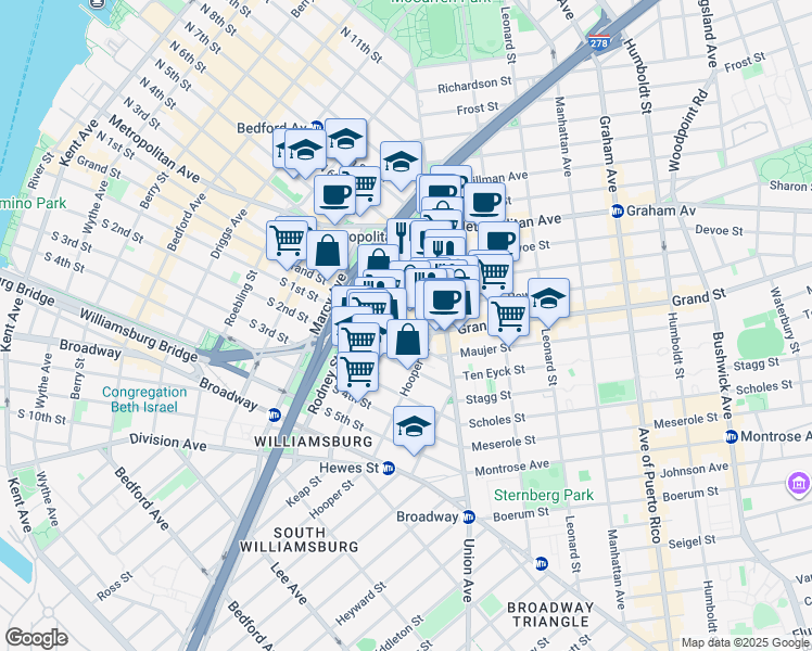 map of restaurants, bars, coffee shops, grocery stores, and more near 416 Keap Street in Brooklyn