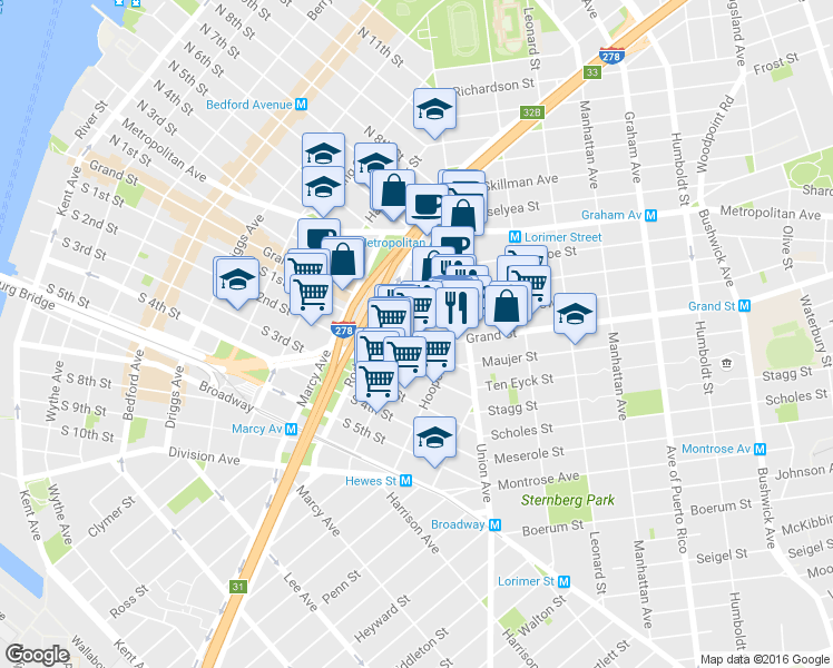 map of restaurants, bars, coffee shops, grocery stores, and more near 416 Keap Street in Brooklyn