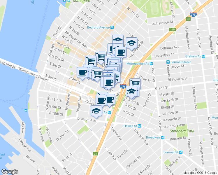 map of restaurants, bars, coffee shops, grocery stores, and more near 153 Havemeyer Street in Brooklyn