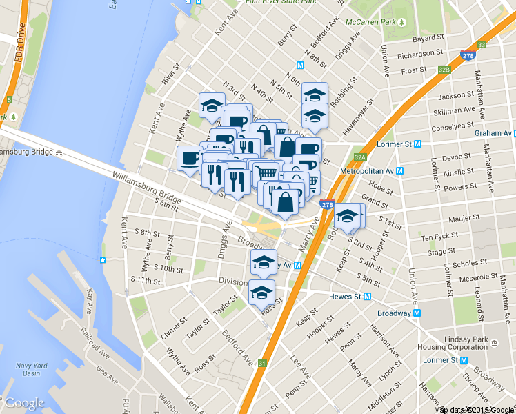 map of restaurants, bars, coffee shops, grocery stores, and more near 186 South 3rd Street in Brooklyn