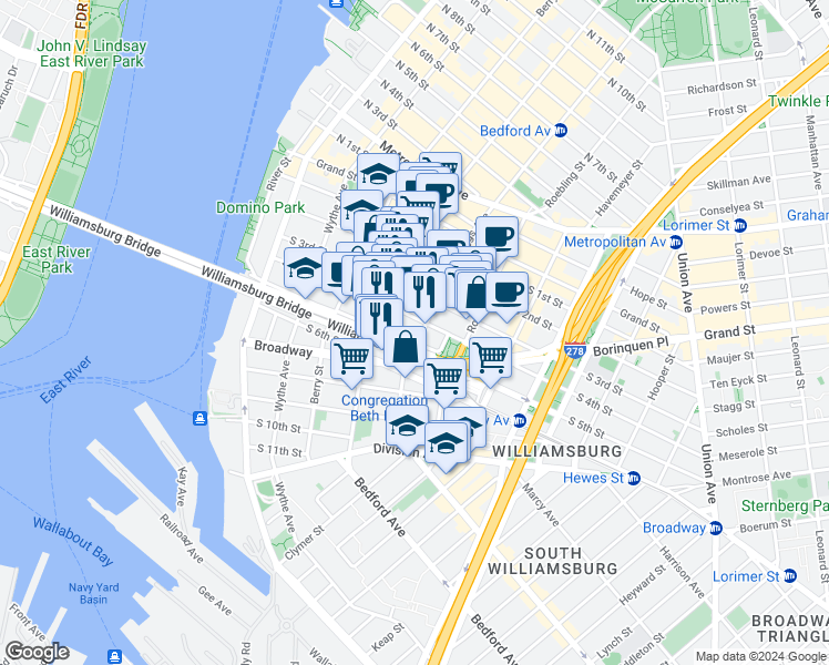 map of restaurants, bars, coffee shops, grocery stores, and more near 152 South 4th Street in Brooklyn