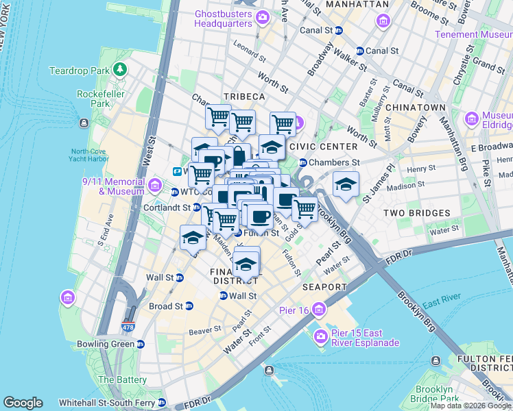 map of restaurants, bars, coffee shops, grocery stores, and more near 1 Beekman Street in New York