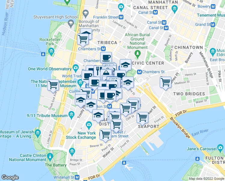 map of restaurants, bars, coffee shops, grocery stores, and more near 215 Broadway in New York