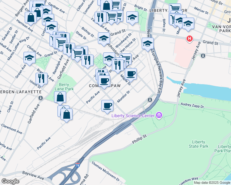 map of restaurants, bars, coffee shops, grocery stores, and more near 304 Whiton Street in Jersey City