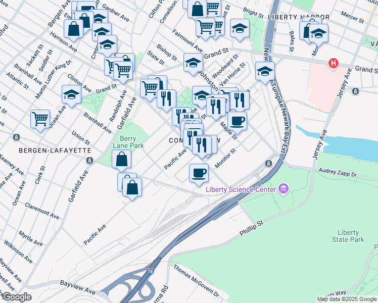 map of restaurants, bars, coffee shops, grocery stores, and more near in Jersey City