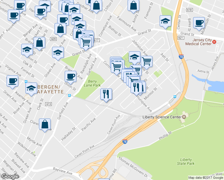 map of restaurants, bars, coffee shops, grocery stores, and more near 163 Van Horne Street in Jersey City