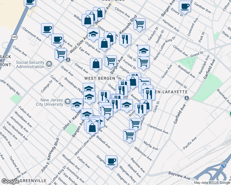 map of restaurants, bars, coffee shops, grocery stores, and more near 104 Orient Avenue in Jersey City
