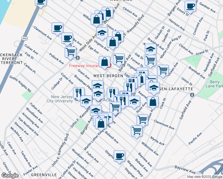 map of restaurants, bars, coffee shops, grocery stores, and more near 125 Orient Avenue in Jersey City