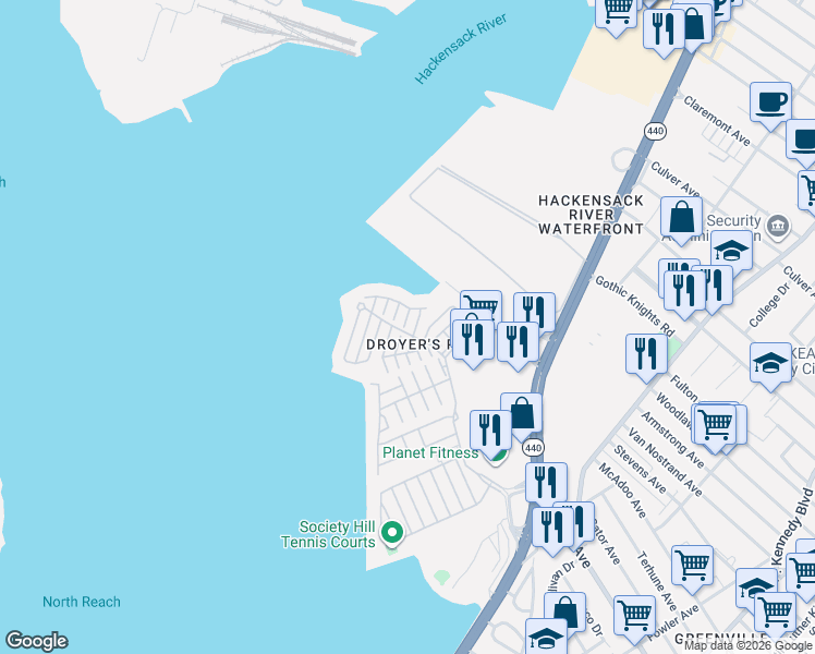 map of restaurants, bars, coffee shops, grocery stores, and more near 1 Alexander Court in Jersey City