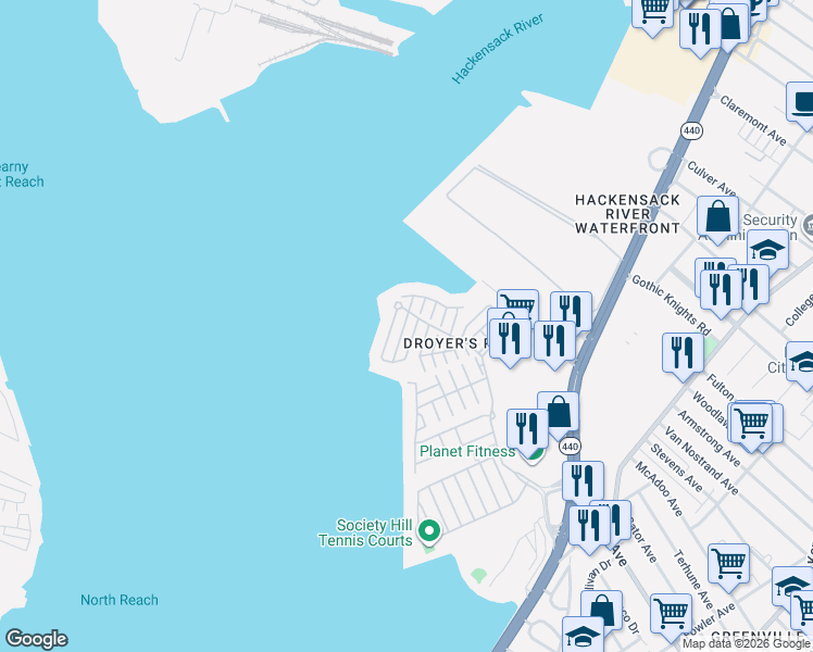 map of restaurants, bars, coffee shops, grocery stores, and more near 1 Kissam Court in Jersey City