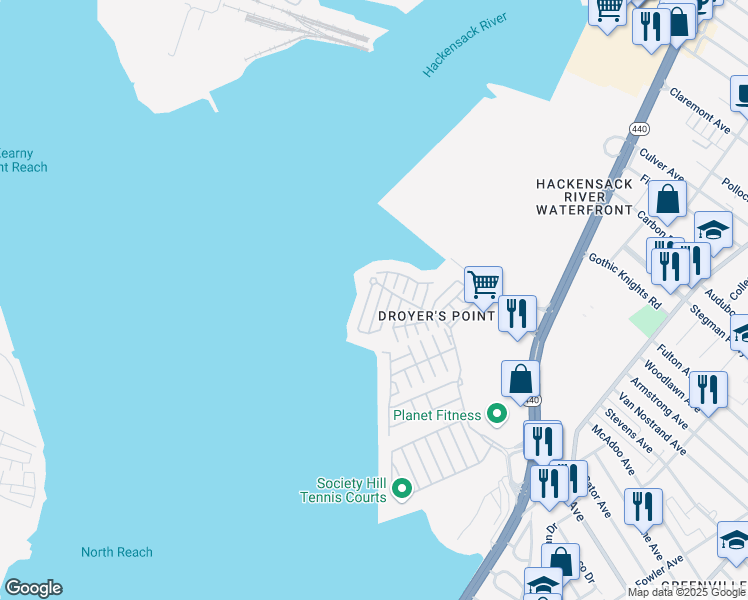 map of restaurants, bars, coffee shops, grocery stores, and more near 1 Kissam Court in Jersey City