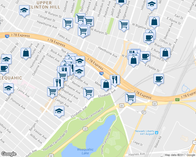 map of restaurants, bars, coffee shops, grocery stores, and more near 349 Ridgewood Avenue in Newark