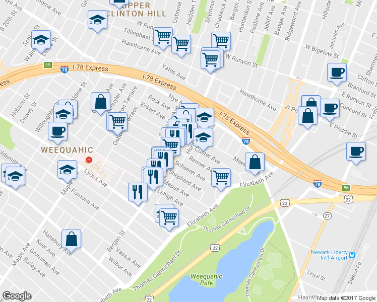 map of restaurants, bars, coffee shops, grocery stores, and more near in Newark